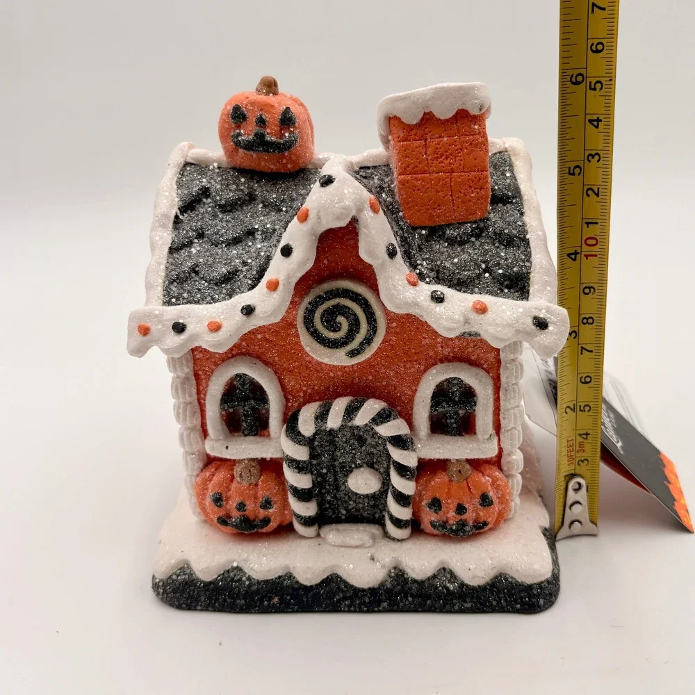 Jack O Lantern LED Lane Halloween Gingerbread House Orange Black Glitter Decor